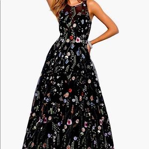 Black, floral embroidered formal dress